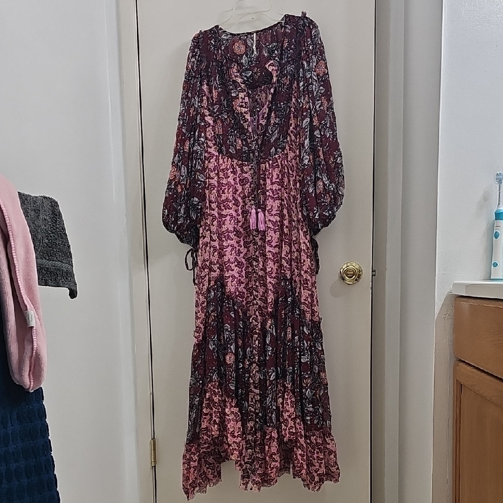 Free People Pink and Black Tiered Bishop Sleeve Dress